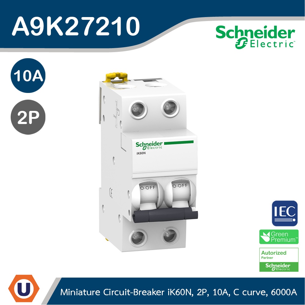 Schneider Electric - Miniature Circuit-Breaker, Acti9 iK60N, 2P, 10 A, C Curve, 6000 A (IEC 60898-1)