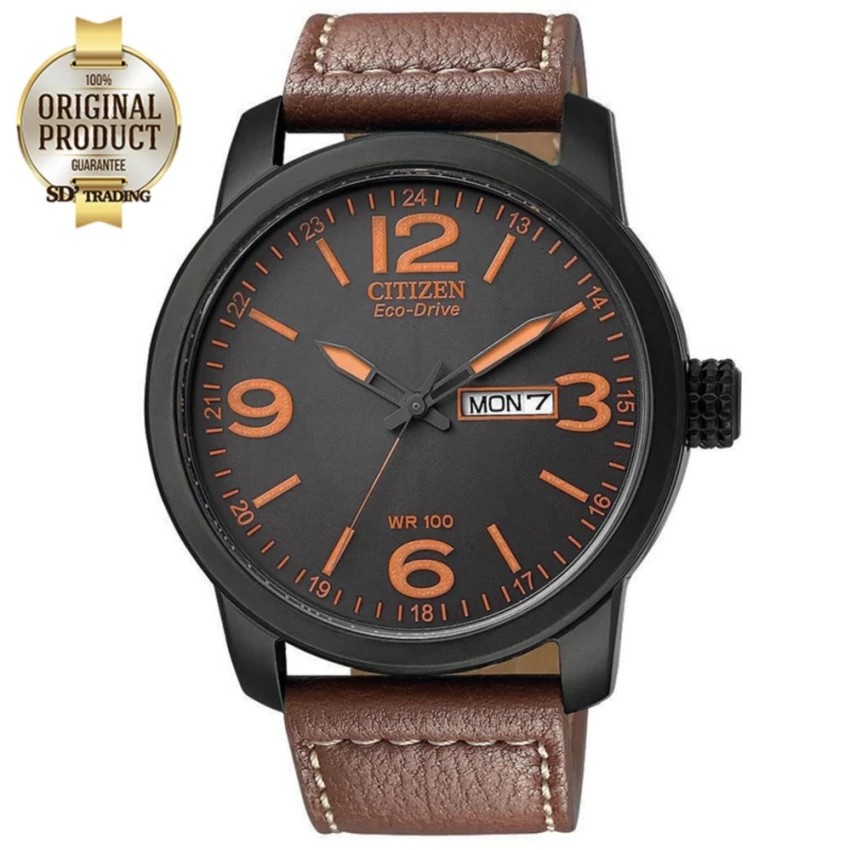 CITIZEN Eco-Drive Leather Strap Men's Watch รุ่น BM8475-26E - Black PVD / Orange