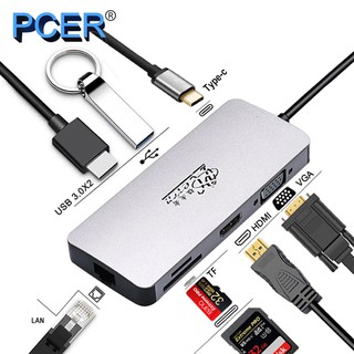 [ลด15% โค้ดPROJ556] PCER USB Type C to HDMI + VGA + 2 USB + Lan + SD + TF + PD