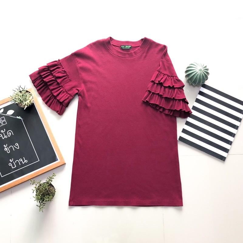 #A21_SHOP เสื้อยืดแขนระบายผ้าสแปนเด็กซ์ ป้าย #A21_SHOP