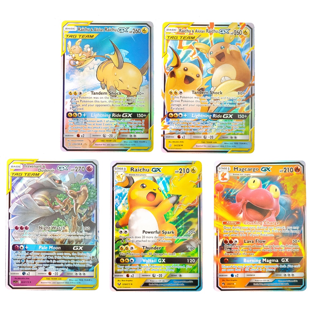 Pokemon Card Tag Team & GX ชุด 5 ใบ Raichu & Alolan Raichu, Magcargo, Trevenent การ์ดภาษาอังกฤษ Shin