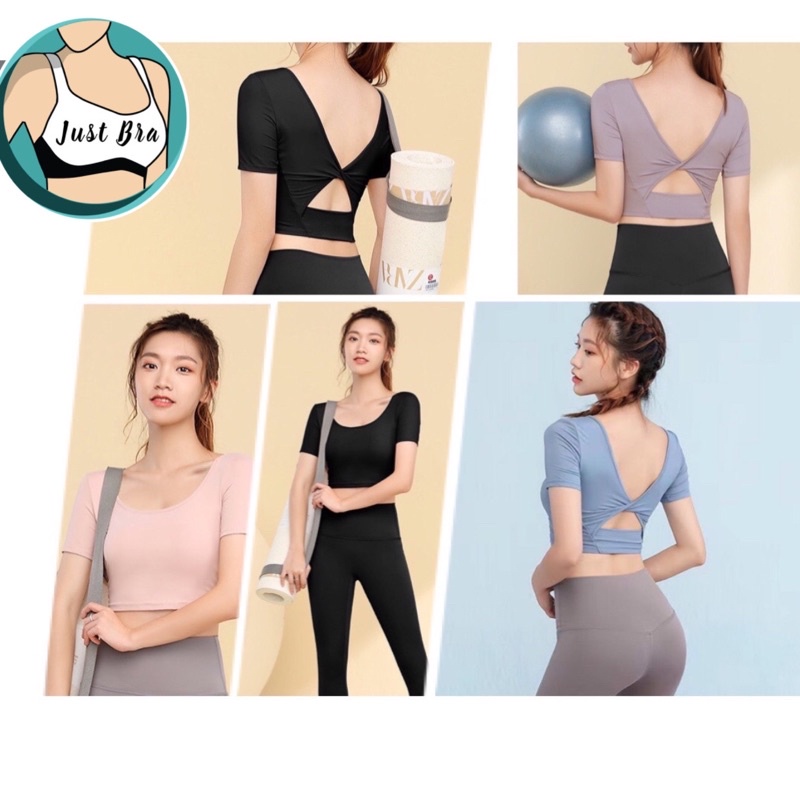 พร้อมส่ง เสื้อคลุมบราออกกำลังกายแขนสั้น เว้าหลังหน้าเรียบ มีลูกเล่นด้านหลัง /A030