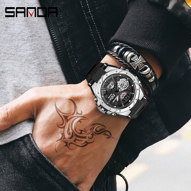 SANDA นาฬิกาข้อมือควอตซ์ มีไฟ LED กันน้ำ หรูหรา สไตล์ทหาร สำหรับผู้ชาย 6008