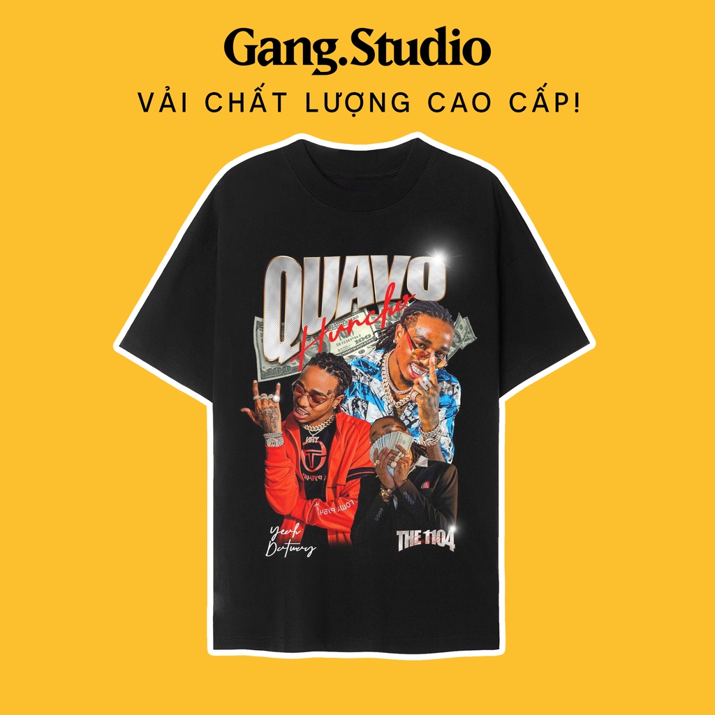 เสื้อยืดวินเทจ Hiphop Quavo Huncho แขนหลวม ผ้าคุณภาพสูง งานหนัก ทรงสวยสุดๆ พิมพ์ลาย Rapper Quavo Hun