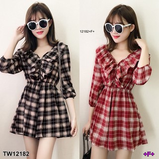 JK12182Dress เดรสคอวีแขนยาว ผ้าทอลายสก็อต อกระบาย รอบเอวสม็อค กระโปรงปล่อยสวิง สวยๆ