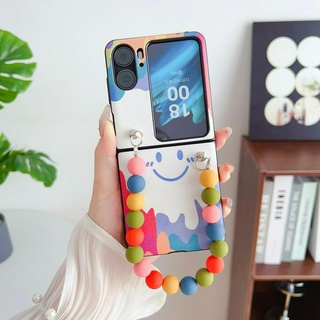 เคสโทรศัพท์มือถือหนัง PC แข็ง ฝาพับ กันกระแทก ลายการ์ตูนหน้ายิ้มน่ารัก พร้อมสายโซ่คล้อง สําหรับ Oppo Find N2