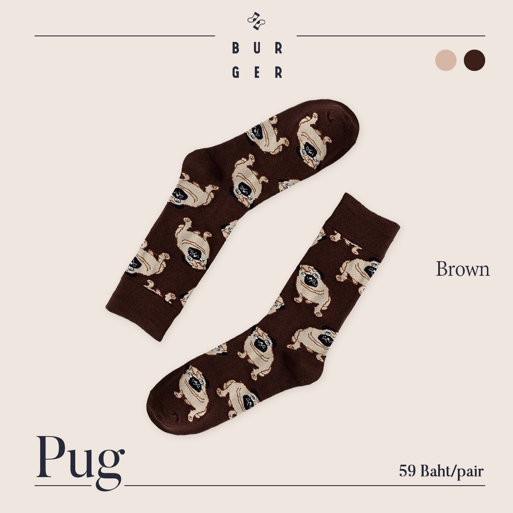 Pug <Brown> ถุงเท้าแฟชั่น ลายหมาปั๊ก สายคิ้วท์ สายสตรีท ครึ่งแข้ง ราคาถูก คุณภาพดี