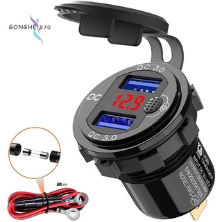 Quick Charge 3.0 Dual 12V USB Car Charger, Aluminum Socket with Switch Button and Red Digital Voltmeter, Waterproof