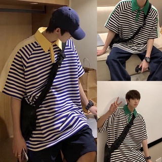 เกาหลีเสื้อยืดโปโลลําลอง ทรงหลวม ผ้าระบายอากาศ ลาย เสื้อยืดโอเวอร์ไซส์ คอปกโปโล เสื้อวินเทจผู้ชาย🌟เตรียมจัดส่งM-3XL🌟