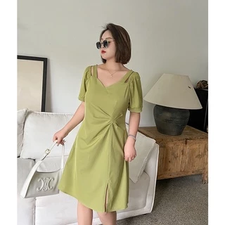 2ชิ้นลด50% (1102) Plussize dress เดรสสั้นสายเดี่ยวมีแขน ดีเทลผ่าปลายข้างเล็กๆ สาวพลัสไซส์สไตล์เกาหลี