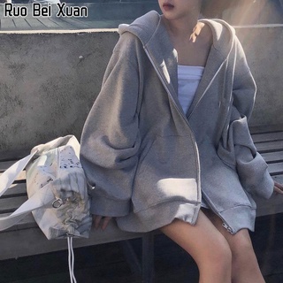 RUO BEI XUAN เสื้อฮู้ดกันหนาว มีซิป ทรงหลวม สไตล์สปอร์ต สำหรับผู้หญิง