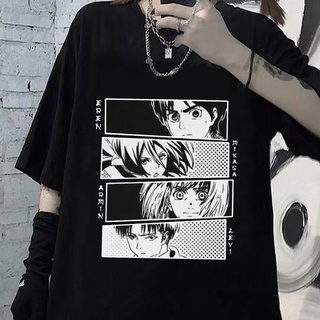 คอลูกเรือ【Boutique T-shirt】เสื้อยืดแขนสั้นลําลอง ทรงหลวม พิมพ์ลายอนิเมะ Attack on Titan EREN MIKASA ARMIN Levi สไตล์ฮารา