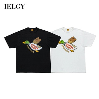 Ielgy เสื้อยืดลําลอง ผ้าฝ้าย แขนสั้น คอกลม พิมพ์ลายเป็ดบิน อินเทรนด์สําหรับผู้ชาย