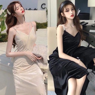 พร้อมส่ง💥maxi dress สไตล์เกาหลีผ้ากำมะหยี่เงาแต่งไข่มุก