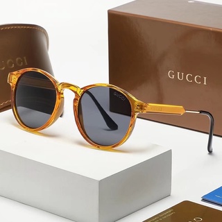 GUCCI แว่นตากันแดดแฟชั่น กรอบกลม สีเหลือง สีดํา สไตล์เกาหลี คลาสสิค สําหรับผู้หญิง