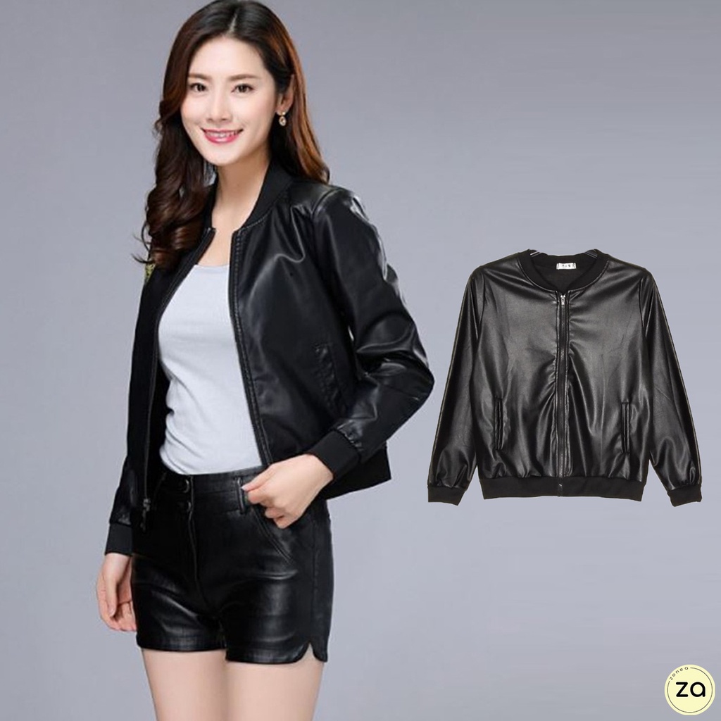 HOT SALE เสื้อแจ็คเก็ตหนังแขนจั๊มสีดำ และกระเป๋าหน้า