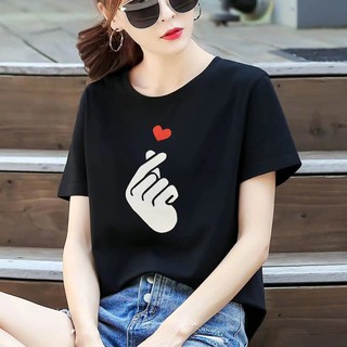 finger love round neck white tshirt for womenเสื้อยืด