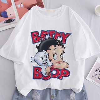 เสื้อยืดสีขาว - Betty Boop ลูกสุนัขพิมพ์เสื้อยืดกราฟิกน่ารักผู้หญิงฮาราจูกุแขนสั้นผู้หญิง Tshirt