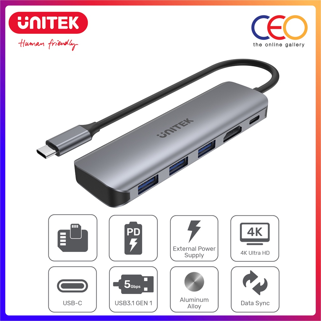 Unitek uHUB P5+ 5 in 1 พอร์ต USB-A ขับเคลื่อนฮับ USB Type-C พร้อมการจัดส่งพลังงาน 100W และ HDMI HDCP