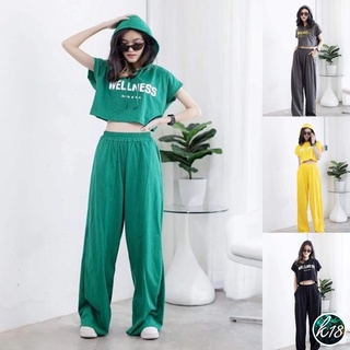 K18💜Korean เซ็ตเสื้อครอปแขนสั้นมีฮู๊ด 4 สี สกรีนลาย WELNESS และกางเกงขายาวเอวยางยืด