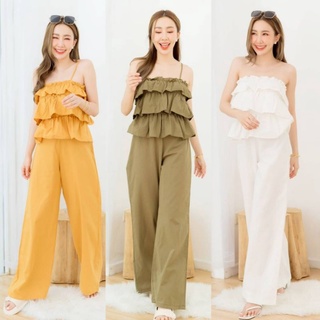 Laila set ชุดเซทเสื้อสายเดี่ยวแต่งระบาย เข้าเซทกับกางเกงขายาว ผ้าลินิน