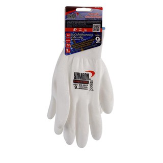 ถุงมือโพลีเอสเตอร์เคลือบพียู 9 นิ้ว สีขาว YAMADA 9062 White PU coating 9 inch polyester gloves, YAMADA 9062