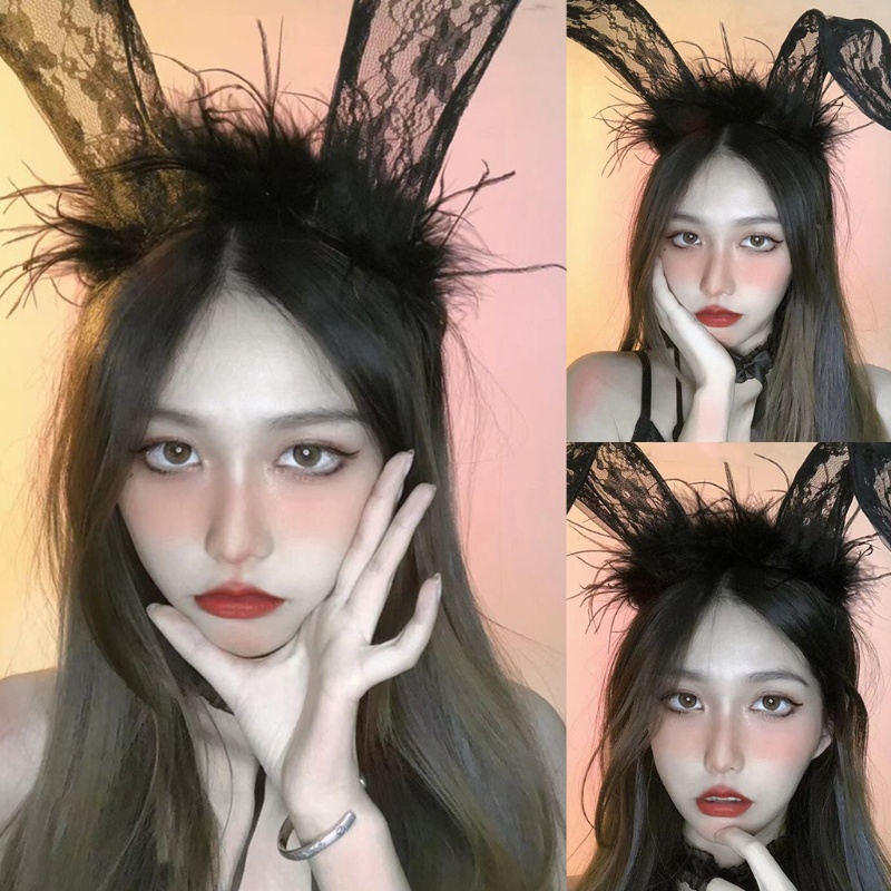 ℜ ℜ Black Lace Sexy Headbands Bunny Ears Hairband Feather Rabbit Ears