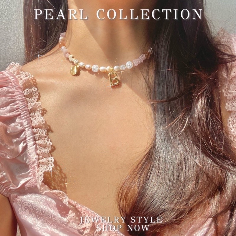 Julie[โค้ด5%]💗🪞🐚สร้อยไข่มุก สร้อยหิน จี้ตัวอักษร มีกล่อง พร้อมส่ง ไม่ลอกดำ สร้อยคอไข่มุกน้ำจืด หินโรสควอยส์ สไตล์ทะเล