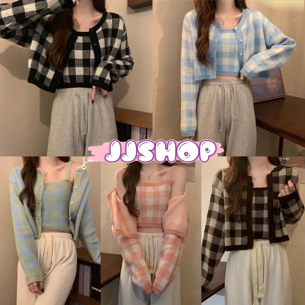 JJ shop พร้อมส่ง เสื้อคลุมไหมพรม+เสื้อกล้ามลายตารางสุดพาสเทลน่ารักๆ "87001+87001-1"