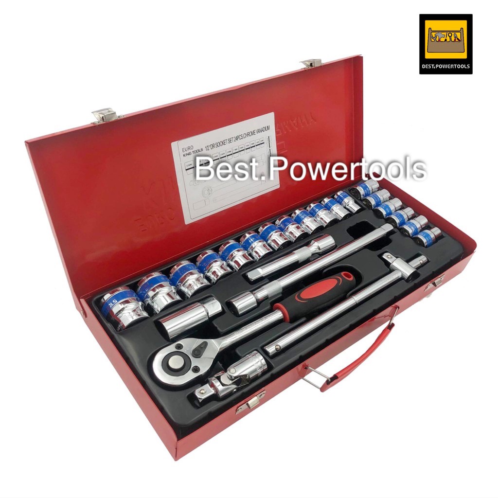 จัดส่งฟรี  Euro king tools ชุดเครื่องมือ ประแจ ชุดบล็อก 24 ชิ้น ขนาด 1/2 (4หุน) CR-V แท้  รับชำระปลายทาง