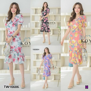 MM16686 เดรส กระโปรงแต่งระบาย คอวี ซับในทั้งตัว Dress, pleated skirt, v-neck, fully lined..