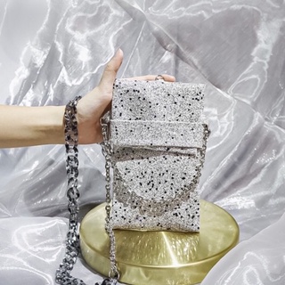 กระเป๋าพกพารุ่น  Ivory Mirror Beegy Mini Bag สีขาวงาช้างกากเพชรกระจกเม็ดใหญ่ กว้าง10cm สูง18cm