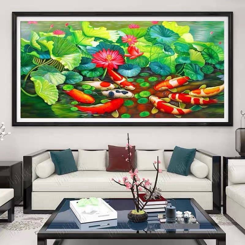 🟪💎ครอสติสคริสตัล Diamond painting ชุดอุปกรณ์ diy เม็ดเหลี่ยม ติดเต็มแผ่น 60x40 cm ปลา ปลาคราฟ เสริมฮ