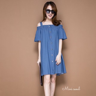 New!!!!! Denim Shoulder Off Dress เดรสสายเดี่ยวเส้นใหญ่ แต่งเว้าไหล่