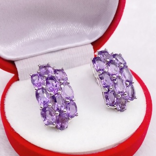 U6451 ต่างหูพลอยอเมทิสต์แท้ ( Amethyst ) แบบอิงลิชล็อค ตัวเรือนเงินแท้ 925 ชุบทองคำขาว