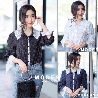 Modernme เสื้อเชิ้ตลายจุดกระดุมหน้า แขนยาว แต่งลูกไม้ช่วงปกคอและปลายแขน ทรงสวยน่ารักม๊ากกเสื้อผ้าแฟชั่นผู้หญิง ทันสมัย ค