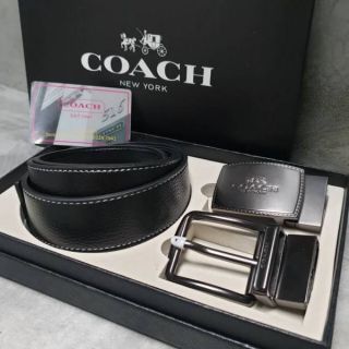 เข็มขัด Coach 2 หัวเปลี่ยน สายสีดำเรียบตัดกับขอบด้ายสีขาว