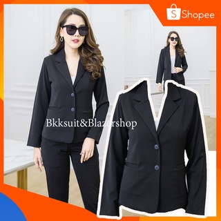 เสื้อสูทหญิงดำมีรองบ่ากระเป๋าจริงผ้านาโน สูทงานขาวดำWomen long pants office lady business work wear formal