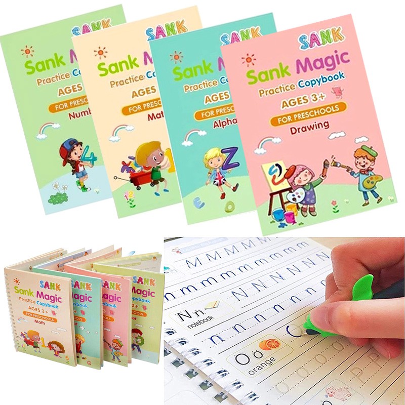 สมุดคัดลอกลายตัวอักษรภาษาอังกฤษ 3D สําหรับเด็ก 4 Books + (ปากกา)
