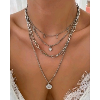 สร้อยคอแฟชั่น สร้อยคอ 4 ชั้น จี้กลม เก๋ๆ สีเงิน Coin Charm Layered Necklace (ส่งจากไทย)