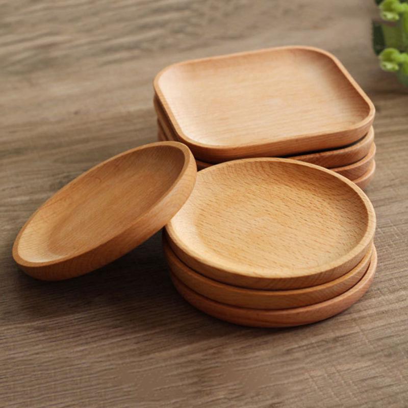 Wooden Round Fruit Cake Dessert Dish Serving Plates Coffee Food Tray