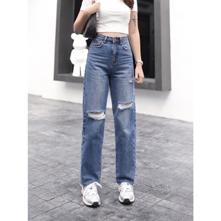 N402 HIGH RISE STRAIGHT LEG JEANS WITH RIPS