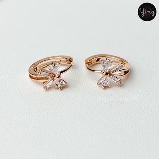 ✨ต่างหูห่วงเล็กเพชร CZ เพชรรูปโบว์คู่จิ๋วสี Pink Gold