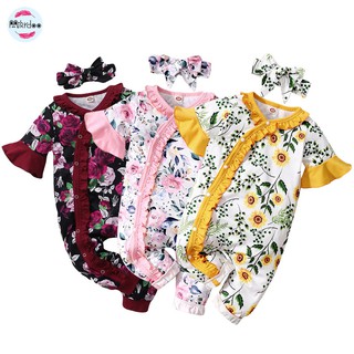 Newborn Baby Boy Girl Cotton Bodysuit Floral Print Half Sleeve Romper with Headband Summer Romper Clothes