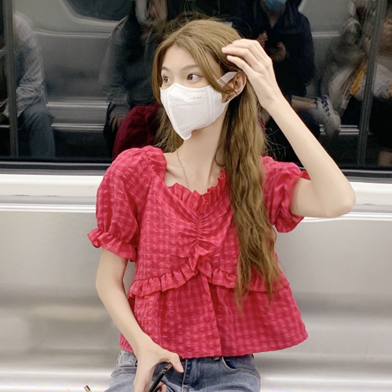 พลัสขนาดสาวฤดูร้อนโวลต์คอโบว์พัฟแขนเสื้อลายสก๊อต