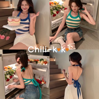 Chili_k❤️k❤️🌟พร้อมส่ง🌟เสื้อไหมพรมคล้องคอผูกหลัง ลายทางสุดน่ารักปังไม่ไหว (W8818)​