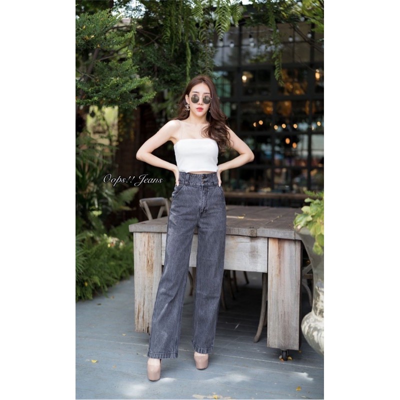 [Code:L9E6B ลด25.-]  Oops Jeans 🌸 กางเกงยีนส์ขากระบอกกระดุม 2 เม็ดสีดำฟอก