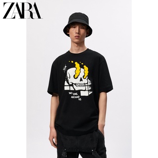 Zara ใหม่ เสื้อยืดแขนสั้น ผ้าฝ้าย พิมพ์ลายหัวกะโหลก สําหรับผู้ชาย