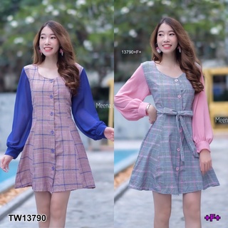 MM13790 เดรสแขนยาวทูโทนลายตาราง Two-tone checkered long sleeve dress