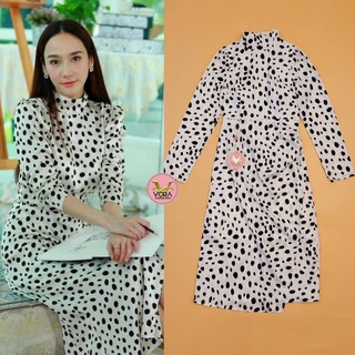 Dress แขนยาวคอปีน เนื้อผ้า silk เนื้อเงาพิมพ์ลายจุดทั้งชุด
